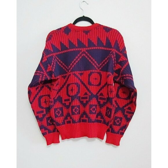 Obermeyer Vintage Men's Wool Sweater Size  Large Red Blue Patterned Ribbed - Picture 4 of 4